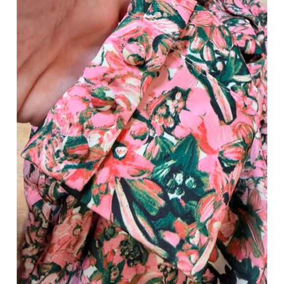 H&M Open Back Retro Floral Print Midi Dress Slit S Pink Green Feminine Coquette - Picture 11 of 11